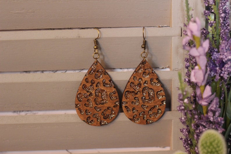 Glitter Leopard Engraved Wooden Earrings