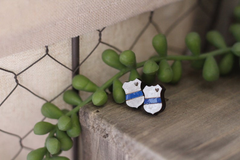 Blue Line Wooden Stud Earrings