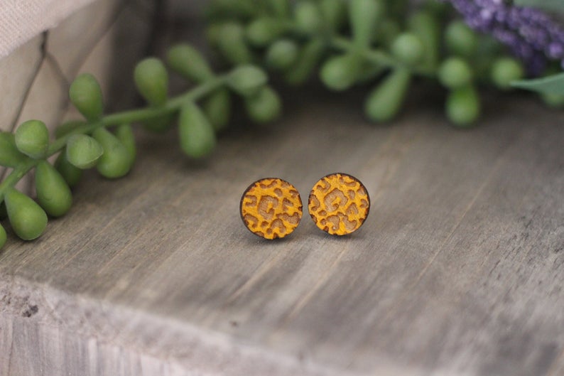 Engraved Leopard Wooden Stud Earrings