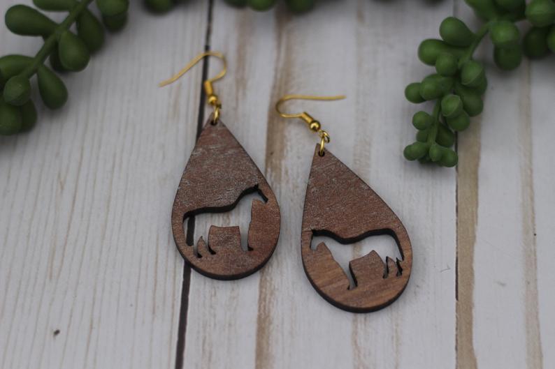 Walnut Wooden Horse Silhouette Earrings