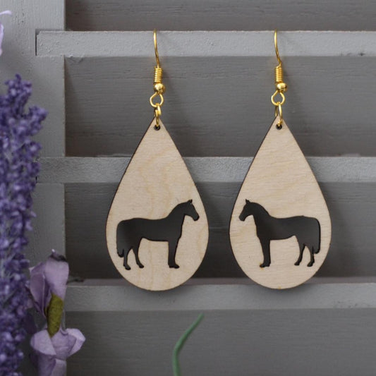 Natural Wooden Horse Silhouette Earrings