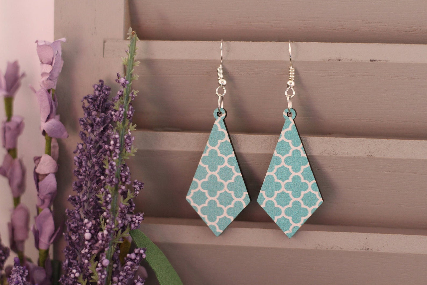 Teal Quatrefoil Wooden Earrings