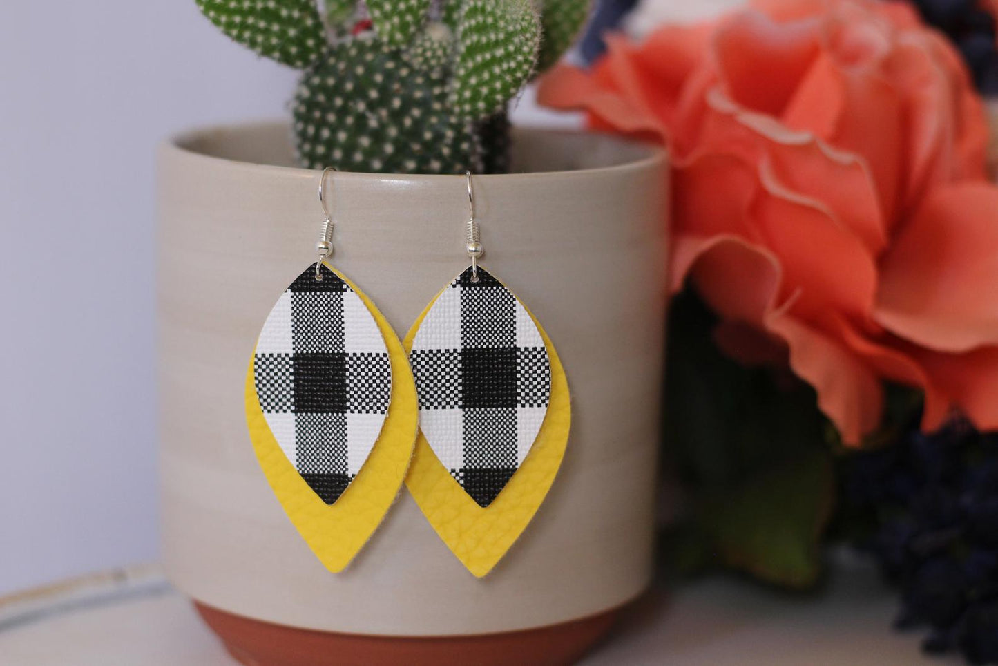 Plaid & Yellow Faux Leather Earrings