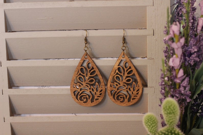 Rose Cutout Wooden Earrings