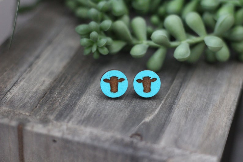 Aqua Cow Wooden Stud Earrings