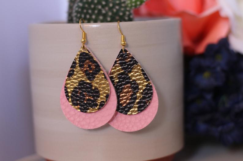 Cheetah Print and Pink Faux Leather Earrings