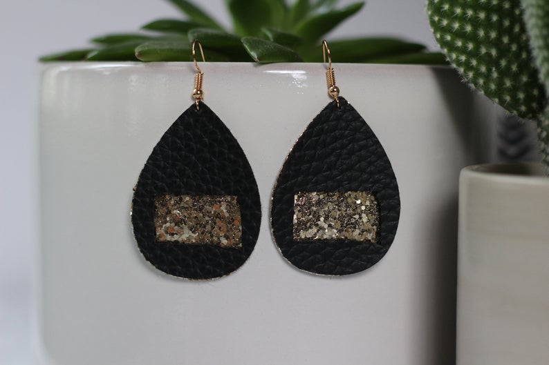 South Dakota Black & Gold Glitter Faux Leather Earrings