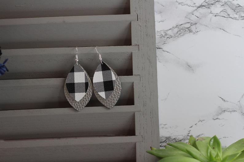 Silver & Plaid Faux Leather Earrings