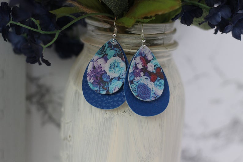 Navy Blue & Floral Faux Leather Earrings