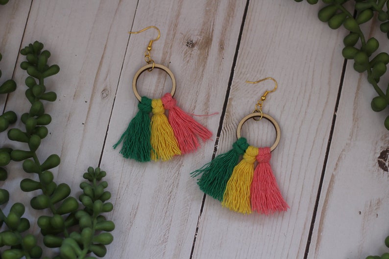 Wooden Hoop Rainbow Macrame Earrings