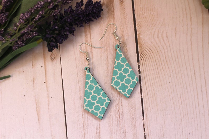 Teal Quatrefoil Wooden Earrings