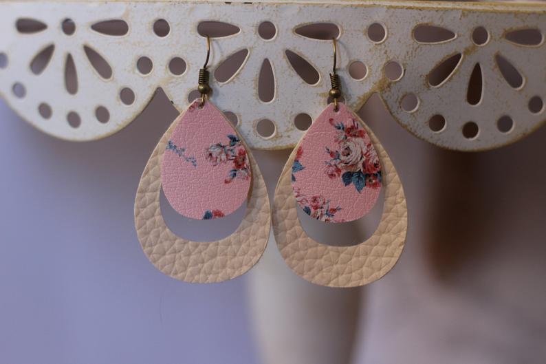 Floral and Tan Faux Leather Earrings