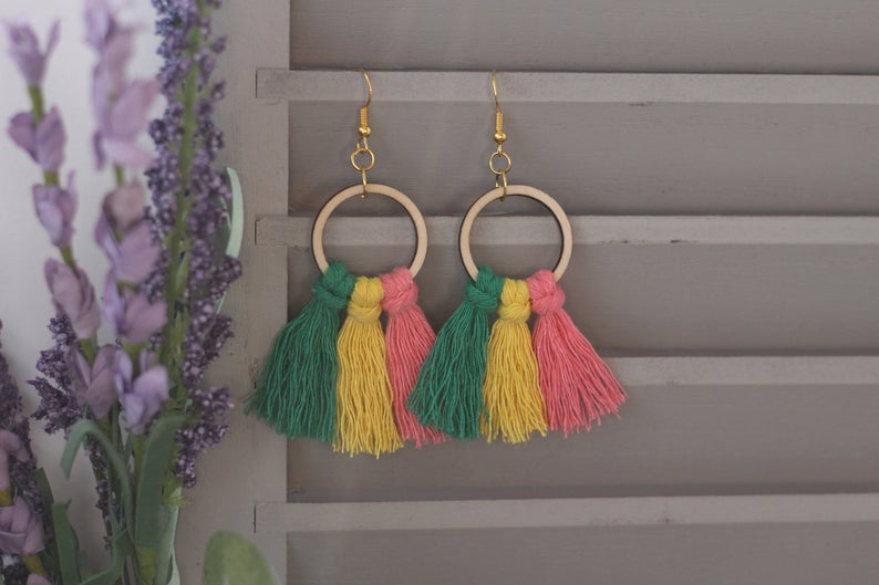 Wooden Hoop Rainbow Macrame Earrings
