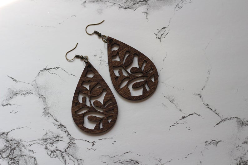 Walnut Teardrop Wooden Cutout Earrings