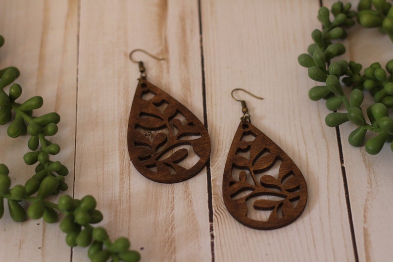 Walnut Teardrop Wooden Cutout Earrings
