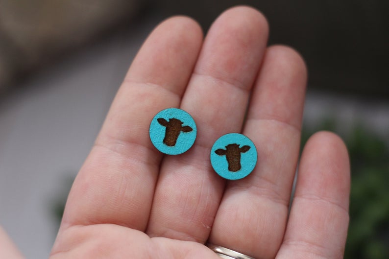 Aqua Cow Wooden Stud Earrings