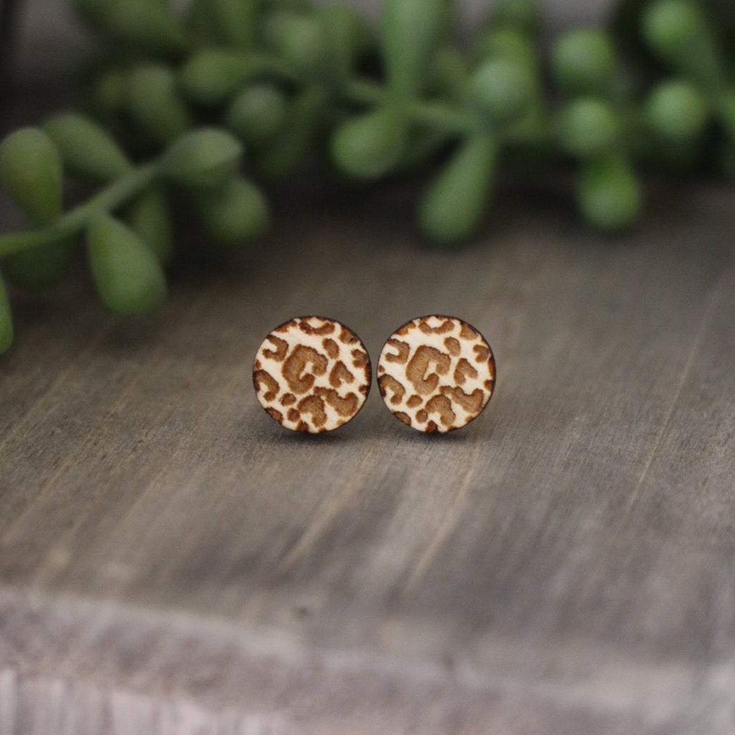 Engraved Leopard Wooden Stud Earrings