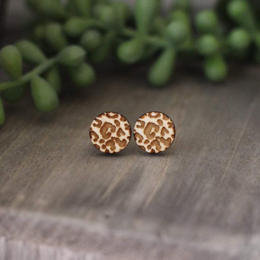 Engraved Leopard Wooden Stud Earrings