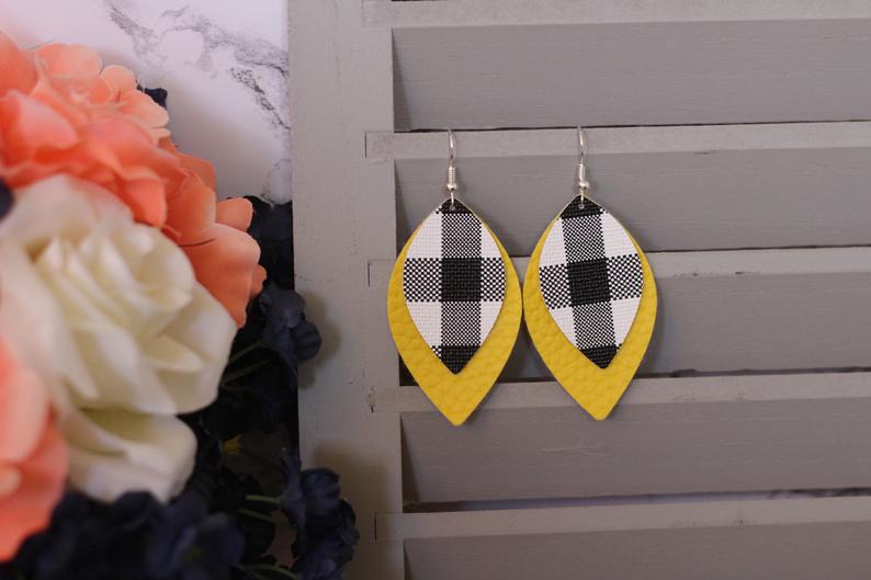 Plaid & Yellow Faux Leather Earrings