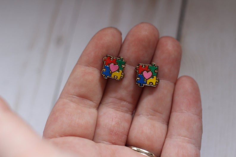 Autism Awareness Wooden Stud Earrings