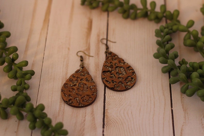 Glitter Leopard Engraved Wooden Earrings