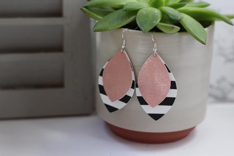 Striped and Pink Faux Leather Earrings