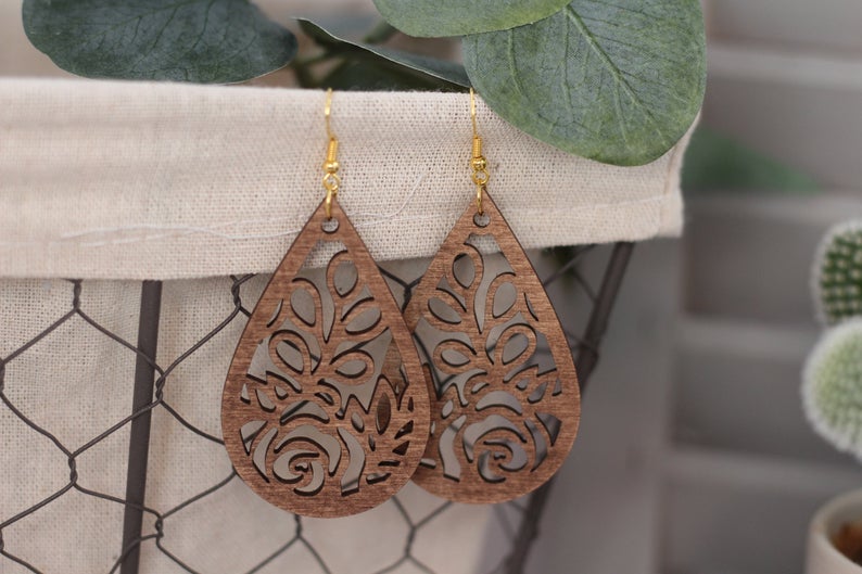 Rose Cutout Wooden Earrings