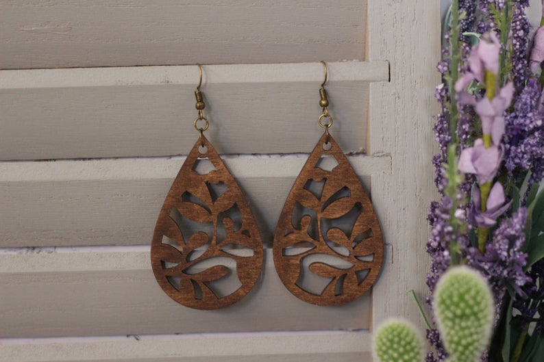 Walnut Teardrop Wooden Cutout Earrings