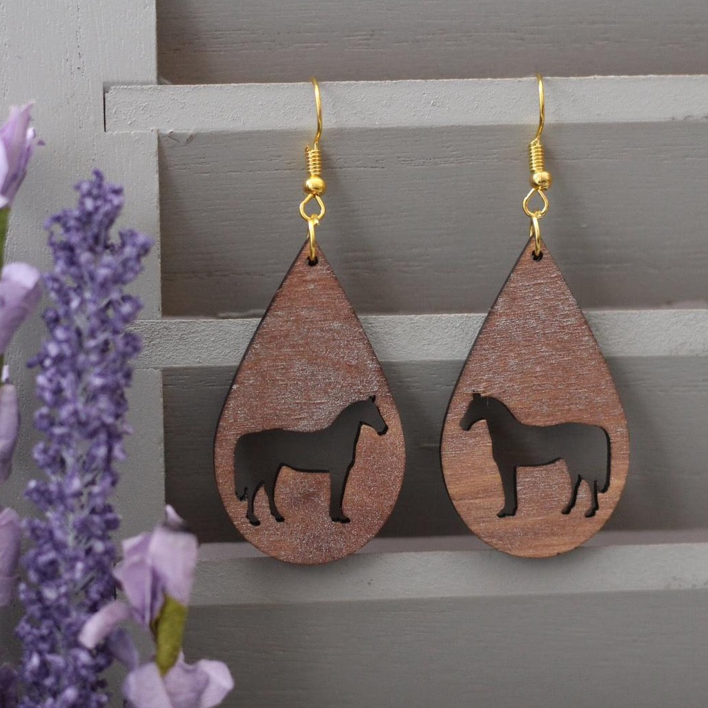 Walnut Wooden Horse Silhouette Earrings