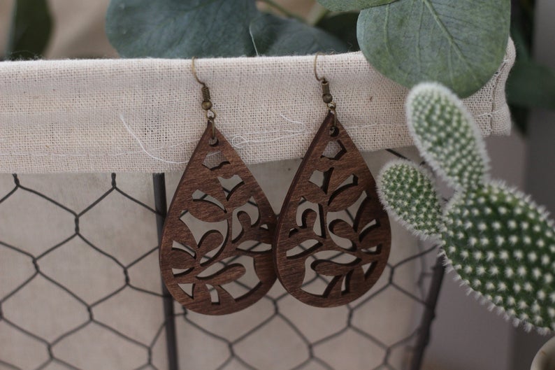 Walnut Teardrop Wooden Cutout Earrings