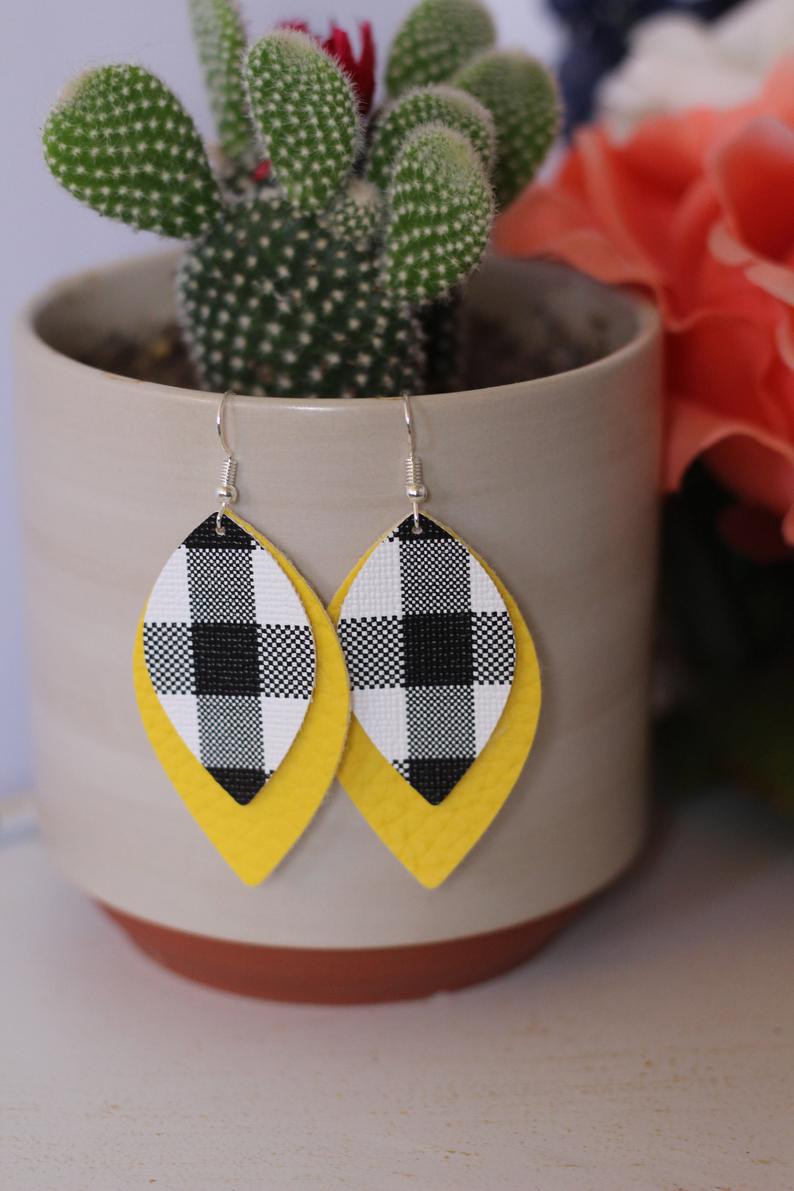 Plaid & Yellow Faux Leather Earrings