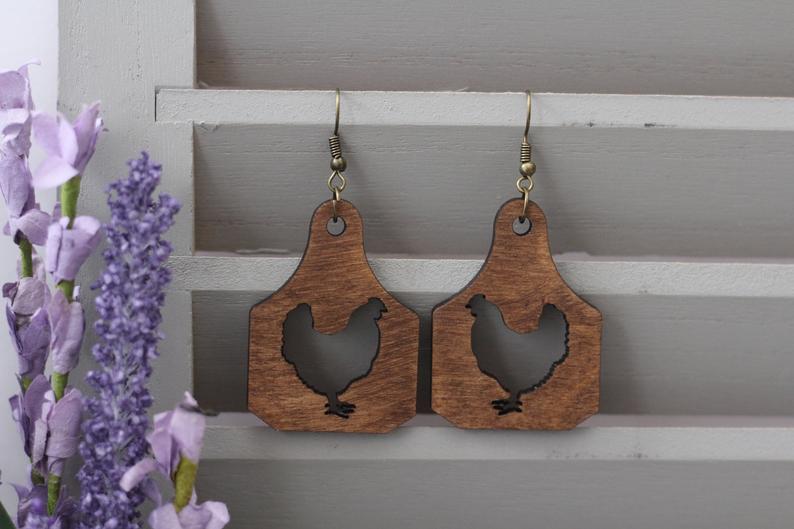 Chicken Tag Wooden Earrings