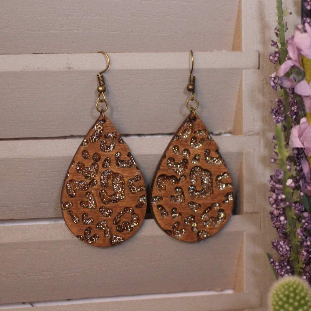 Glitter Leopard Engraved Wooden Earrings