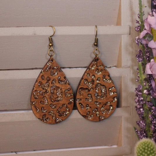 Glitter Leopard Engraved Wooden Earrings