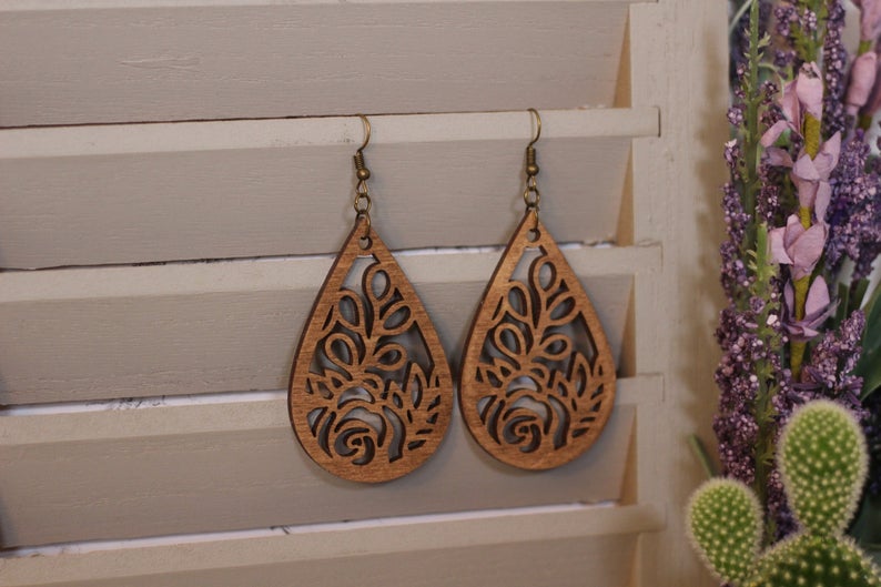 Rose Cutout Wooden Earrings