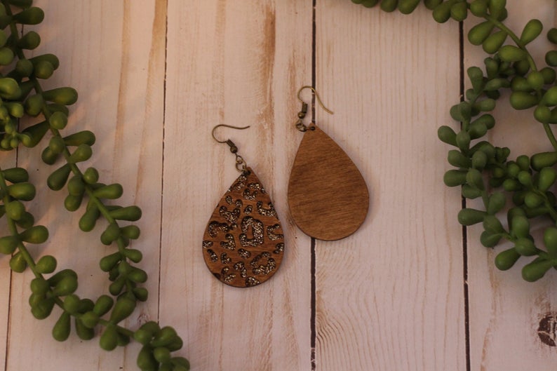 Glitter Leopard Engraved Wooden Earrings