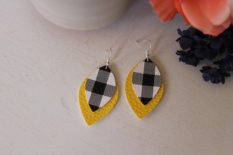 Plaid & Yellow Faux Leather Earrings