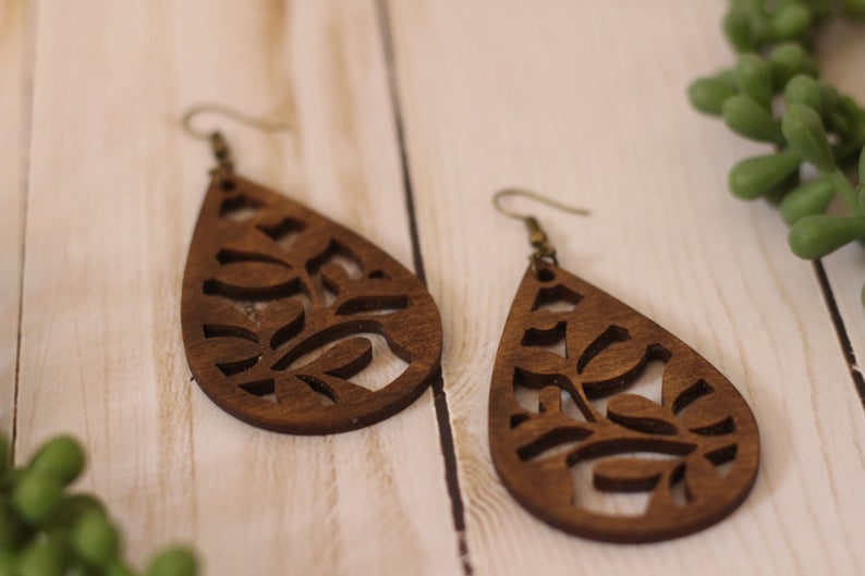 Walnut Teardrop Wooden Cutout Earrings
