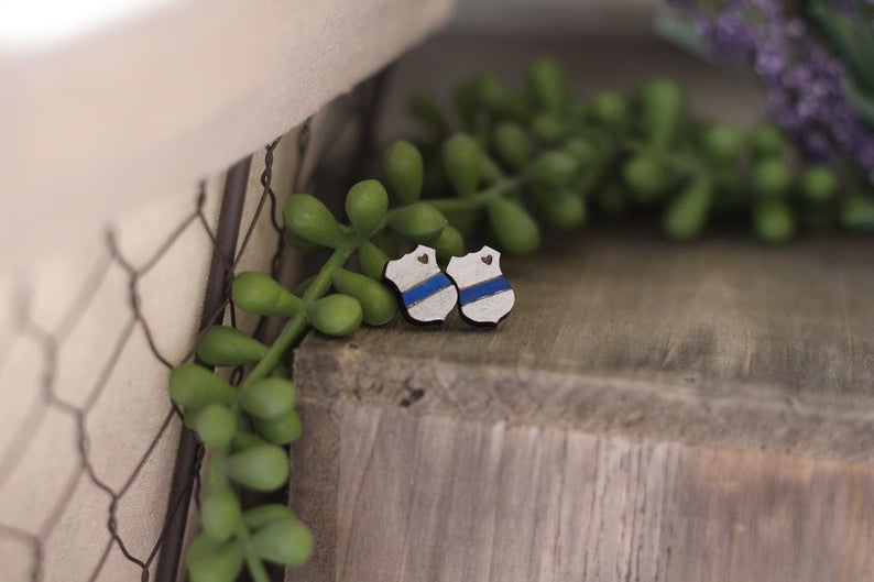 Blue Line Wooden Stud Earrings