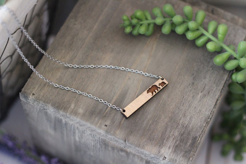 Mama Bear Wooden Bar Necklace