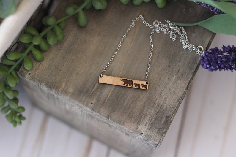 Mama Bear Wooden Bar Necklace