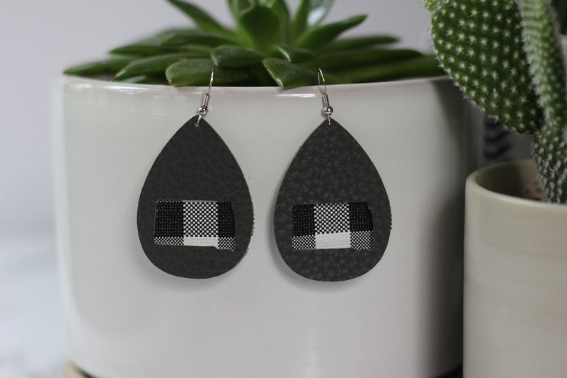 South Dakota Grey & Buffalo Plaid Faux Leather Earrings