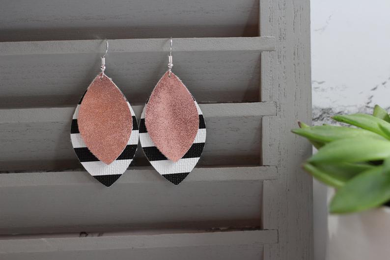 Striped and Pink Faux Leather Earrings