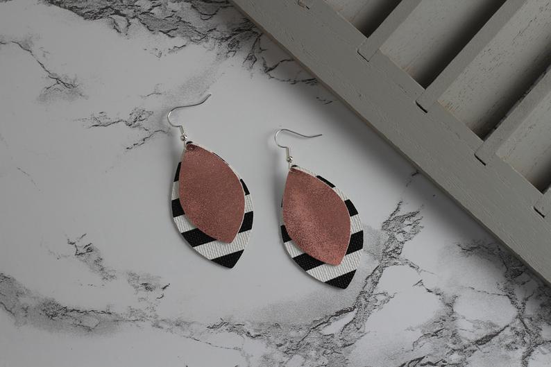 Striped and Pink Faux Leather Earrings