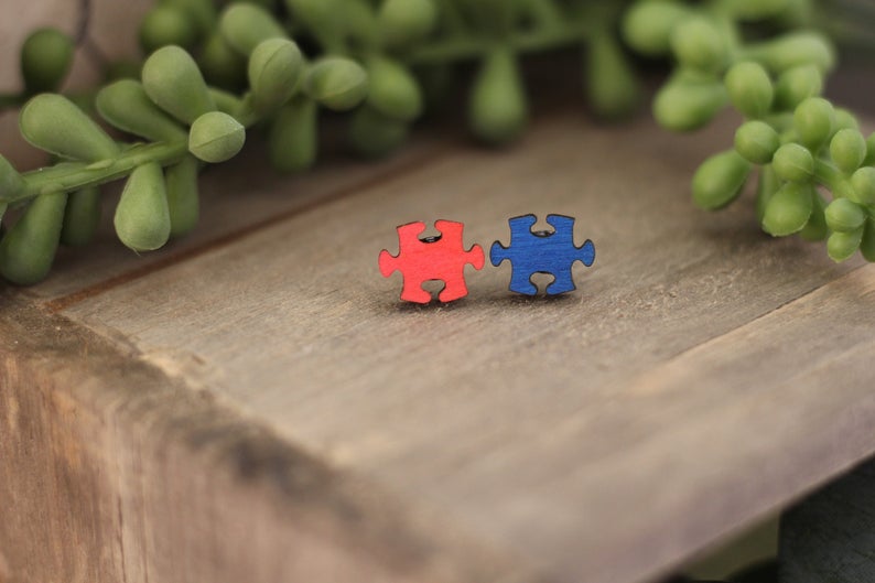 Mismatched Autism Awareness Puzzle Piece Wooden Stud Earrings