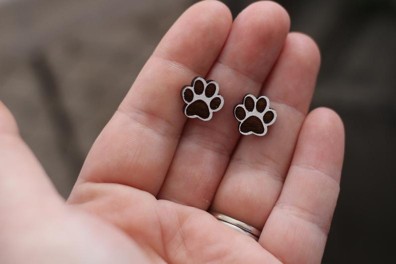 White Dog Paw Wooden Stud Earrings