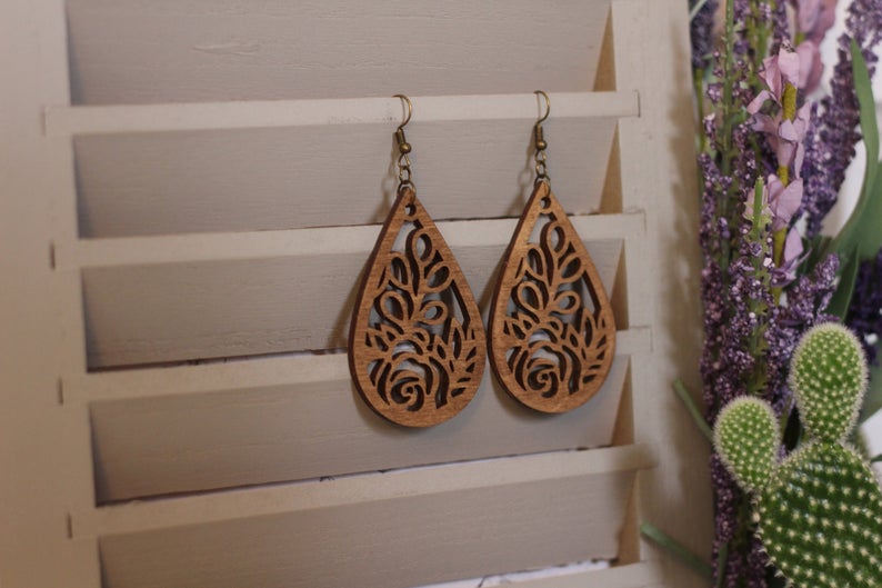 Rose Cutout Wooden Earrings