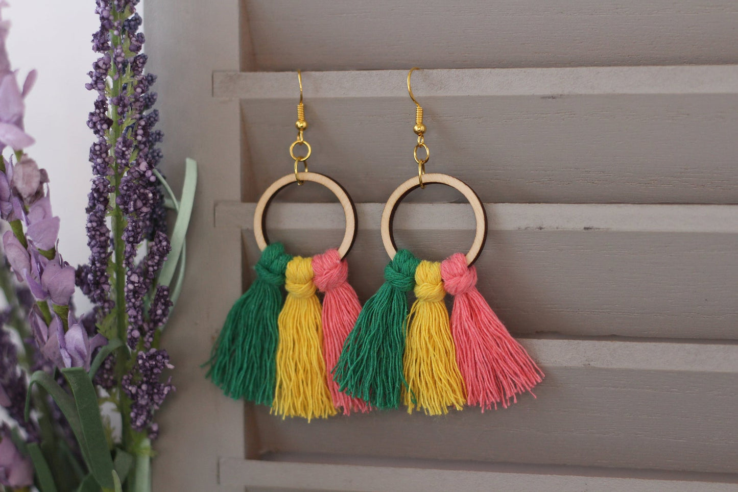 Wooden Hoop Rainbow Macrame Earrings