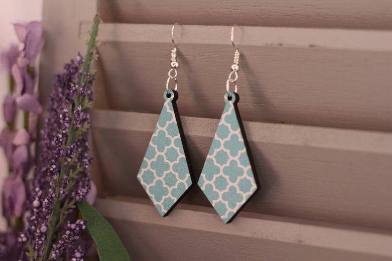 Teal Quatrefoil Wooden Earrings
