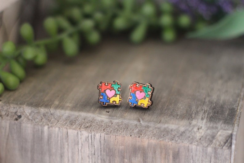Autism Awareness Wooden Stud Earrings